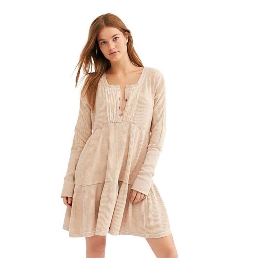 NWOT Free People One Jolene Sand Thermal Henley Mini Dress Size Small